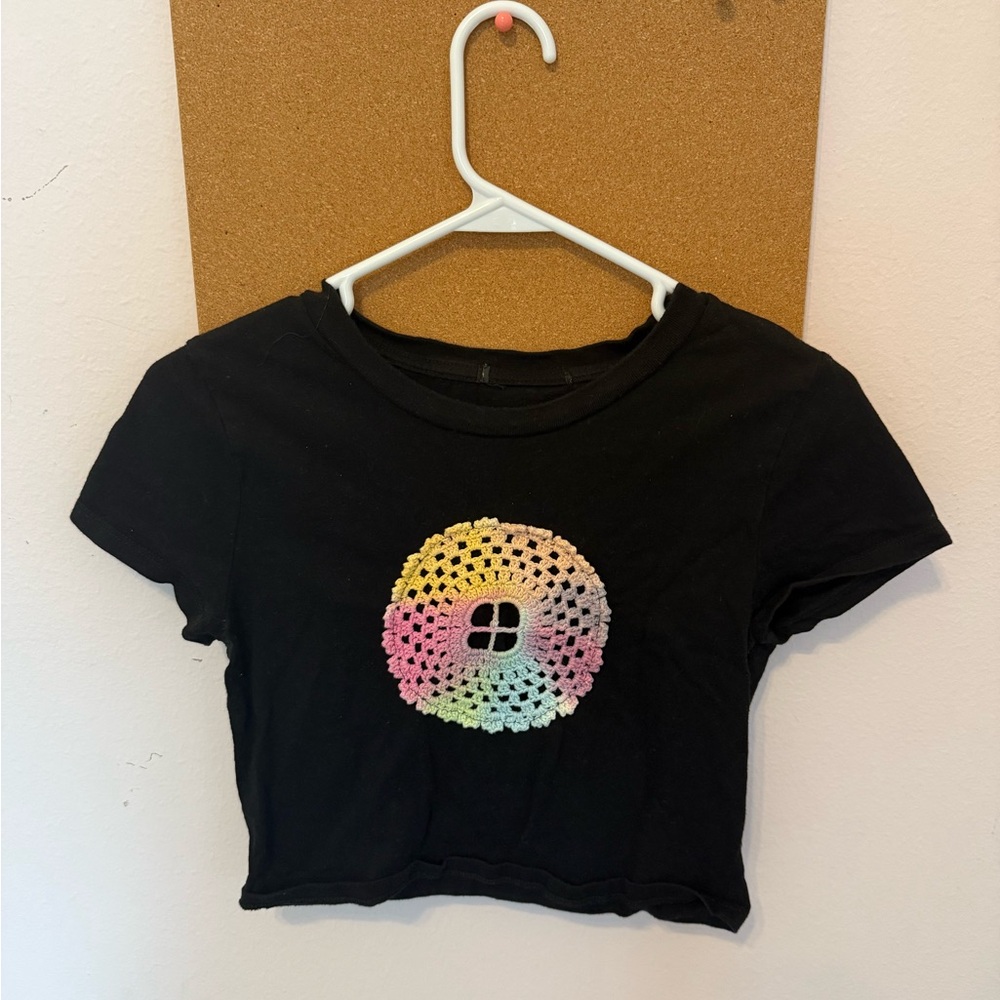 Black Crop Top with Multicolor Crochet Design